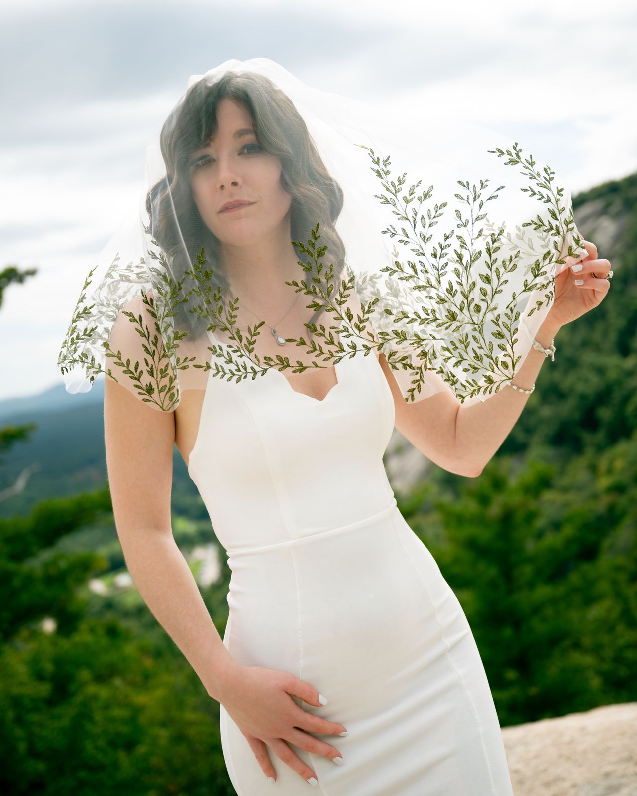 Bride portrait with a lace veil and green leaves, White Mountains in the background